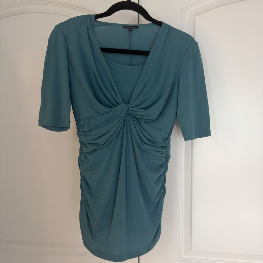 Lafayette 148 New York 100% Silk Ruched Twist Front Top Teal Blue Petite P